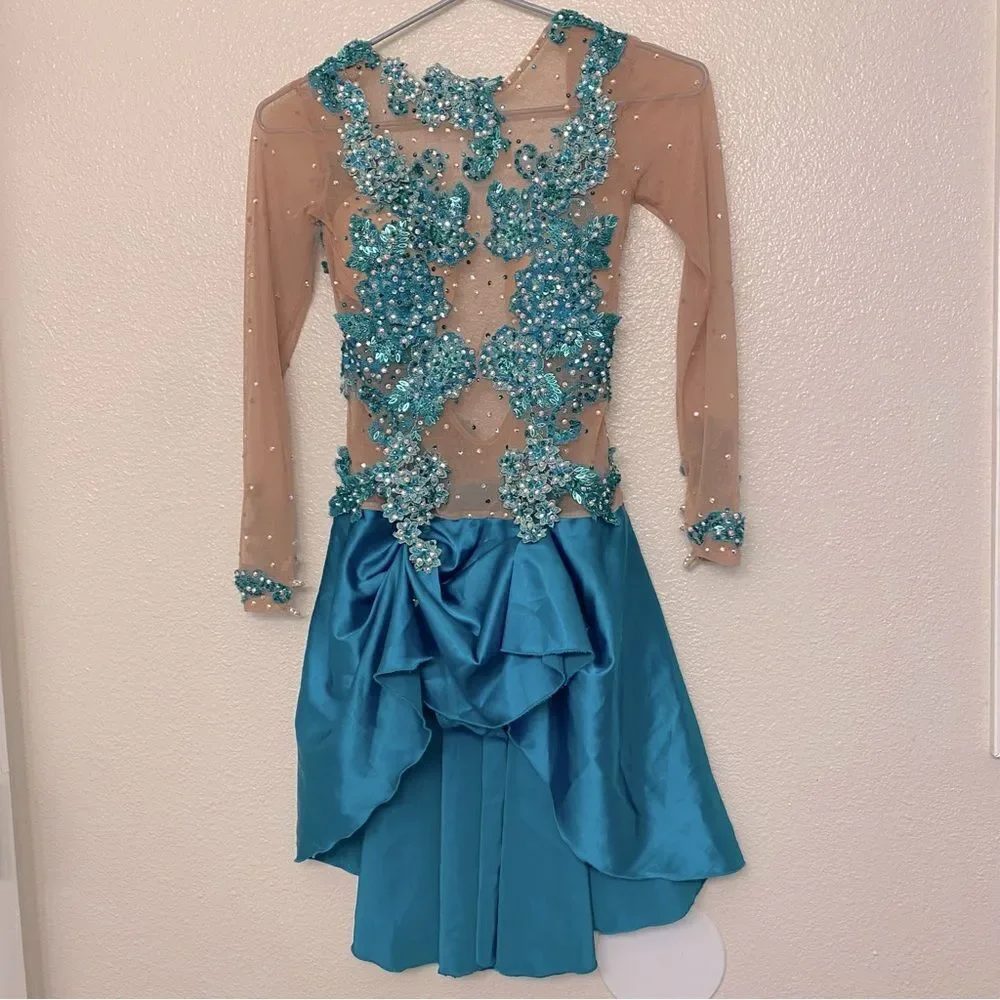Custom Solo Dance Costume Teal Blue Lyrical Competition nude illusion SA adult